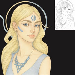 May include: A portrait of a woman with long blonde hair, blue eyes, and a blue dress. She has a blue geometric design on her forehead and cheek. A blue geometric necklace is around her neck. A line drawing of the woman is in the upper right corner.