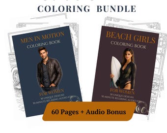 Lot de coloriage filles d'été (2 livres) + audio relaxant | Portraits de mode et scènes d'amitié à la plage | Coloriages pour adultes imprimables PDF