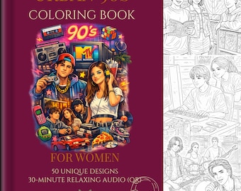 Livre de coloriage urbain des années 90 pour femme - 50 pages rétro uniques, esthétique nostalgie néon, audio relaxant inclus, coloriage imprimable et numérique