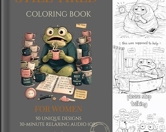 Livre de coloriage adulte drôle de grenouille pour les femmes, 50 pages imprimables, audio relaxant, téléchargement numérique de soins personnels