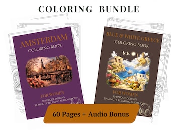 Lot de livres de coloriage pour femme, Paris Amsterdam, Grèce, 90 pages PDF imprimable, coloriage numérique, 30 minutes audio relaxant