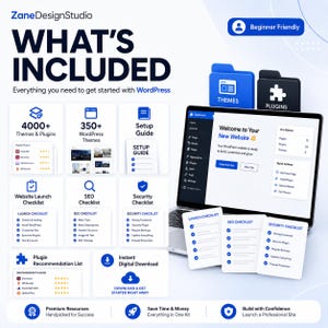 May include: A digital graphic promoting a WordPress website starter kit. The image includes a laptop displaying a website, checklists, and icons for themes, plugins, and setup guides. Text reads "What's Included" and "Beginner Friendly."