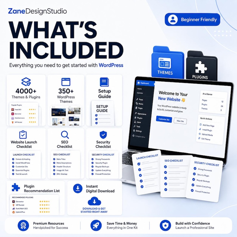 May include: A digital graphic promoting a WordPress website starter kit. The image includes a laptop displaying a website, checklists, and icons for themes, plugins, and setup guides. Text reads "What's Included" and "Beginner Friendly."