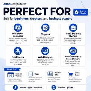 May include: A promotional graphic from ZaneDesignStudio, featuring the text "PERFECT FOR" in large, bold letters. The graphic is designed for beginners, creators, and business owners, with icons and descriptions for WordPress, blogging, and e-commerce.