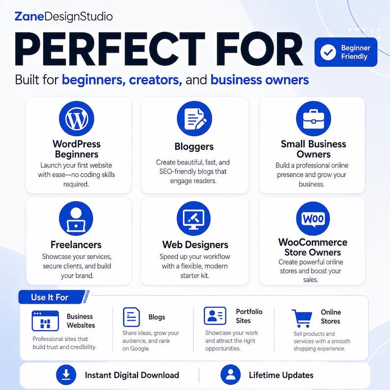 May include: A promotional graphic from ZaneDesignStudio, featuring the text "PERFECT FOR" in large, bold letters. The graphic is designed for beginners, creators, and business owners, with icons and descriptions for WordPress, blogging, and e-commerce.
