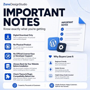 May include: An infographic from Zane DesignStudio with the title "IMPORTANT NOTES". It details digital product information, including "Digital Download Only" and "No Physical Product". Also includes "Why Buyers Love It" with benefits like "Beginner Friendly" and "Instant Access".