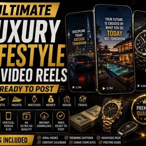 Könnte beinhalten: Werbebild mit dem Text "ULTIMATE LUXURY LIFESTYLE 4K VIDEO REELS READY TO POST." Es zeigt drei Smartphones mit Luxus-Lifestyle-Bildern, eine goldene Uhr, Geld und einen Autoschlüssel. Zusätzliche Symbole stehen für Autos, Jets, Yachten und Häuser.