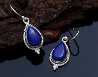 Brincos de Lápis-lazúli em Formato de Gota | Joias Boho Pendentes em Prata de Lei