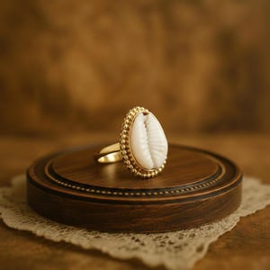 May include: A gold ring with a white, teardrop-shaped shell as its centrepiece. The shell is framed by a gold bezel with a beaded edge. The ring is presented on a wooden stand with a lace doily.