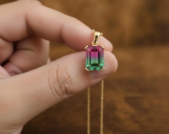 Watermelon Tourmaline Pendant Necklace, 14K Gold Emerald Cut Bi‑Color Pink Green Gemstone, Unique Gift for Her
