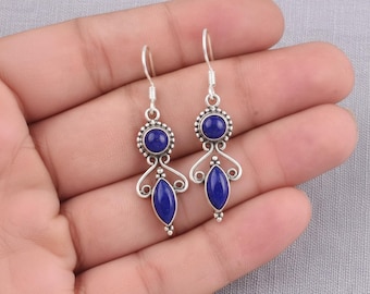 Brincos pendentes de lápis-lazúli e prata de lei | Estilo boho vintage