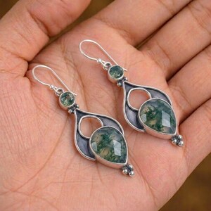 Moss Agate Teardrop Earrings – Sterling Silver Boho Gemstone Dangle Jewelry
