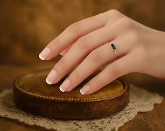 Dainty Black Onyx Baguette Ring, Gold Filled Stacking Ring
