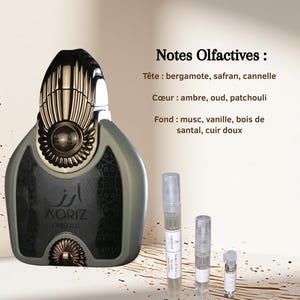 Peut inclure: Un flacon de parfum vert olive avec un bouchon doré et le texte "Aariz L'Absolu". L'image montre également trois flacons d'échantillon du parfum de 5 ml, 3 ml et 1 ml. Le texte "Notes Olfactives" est également visible.