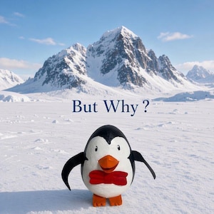 May include: A small, egg-shaped penguin figurine with a black and white body, an orange beak, orange feet, and a red bow tie. The text "But Why?" is printed in blue above the penguin, which stands against a backdrop of snow and mountains.