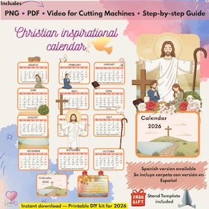 Puede incluir: Calendario cristiano inspirador imprimible de 2026 con ilustraciones de Jesús y una paloma. Incluye PNG, PDF y video para máquinas de corte. Descarga instantánea.