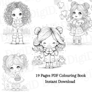 Puede incluir: Ilustraciones en blanco y negro de lindas chicas de dibujos animados con ropa de invierno. Una niña sostiene un conejito, otra atrapa faroles en forma de corazón y una tercera sostiene una canasta. El texto dice "19 Pages PDF Colouring Book Instant Download."