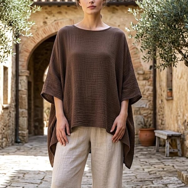 Oversized katoenen tuniektop, minimalistische boho-zomerblouse, ademende linnen kleding