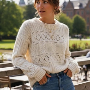 Padrão de Suéter de Tricô com Renda – Blusa Feminina Texturizada e Aconchegante em PDF – Padrão de Tricô para Iniciantes/Intermediários