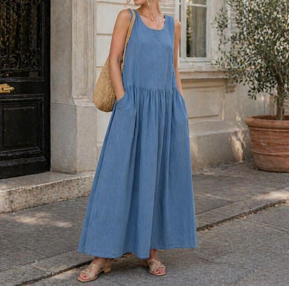 Pure Cotton Maxi Dress, Sleeveless Boho Summer Dress, Minimalist Everyday Wear