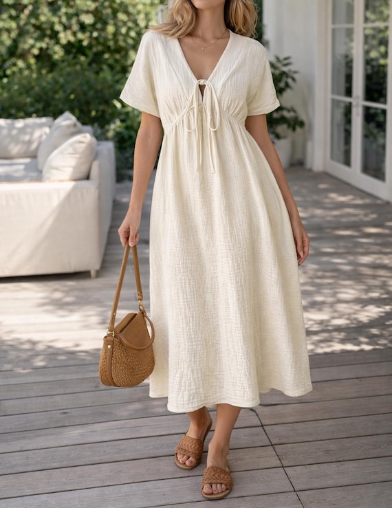 cream boho midi dress Linen Dress, V Neck Tie Front, Loose Fit Summer Vacation Outfit maxi length silhouette * Cream Bridesmaid Dress Puffy Sleeve Lace Prom Color:Black/Medium Nude