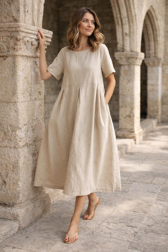Linen Dress Women, Loose Fit Midi Dress with Pockets, , Oversized Summer Maxi,