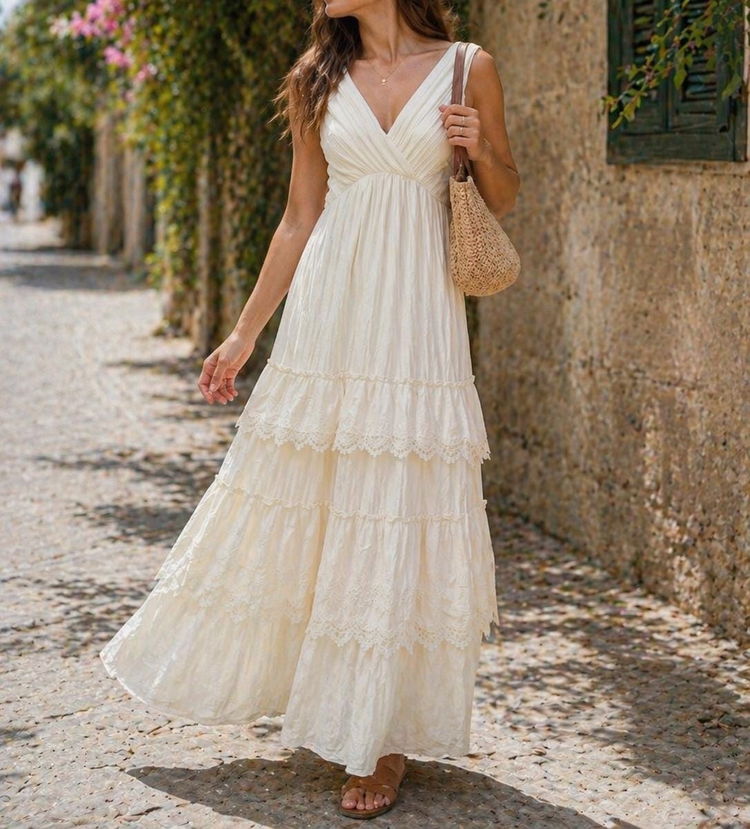long white peasant dress Boho Embroidered Maxi Dress: White Cotton Cottagecore Peasant Dress