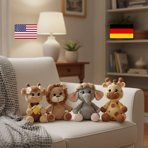 Gehaakte dierenset amigurumi: giraf, leeuw, olifant, aap, pdf, Engels, Duits patroon