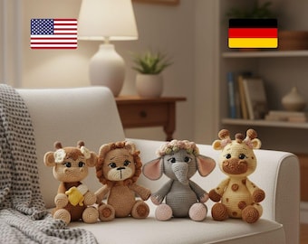 Set di animali all'uncinetto Amigurumi: giraffa, leone, elefante, scimmia, PDF, schema inglese e tedesco