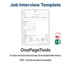 Könnte beinhalten: Ein weißes Dokument mit dem Titel "Job Interview Template" mit ausfüllbaren Feldern. Das Bild enthält PDF- und Excel-Symbole sowie den Text "OnePageTools" mit dem Slogan "Eine klare und strukturierte Art, Vorstellungsgespräche zu führen. PDF + Excel-Versionen enthalten."