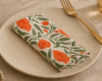 Juego de servilletas de algodón con estampado floral naranja – Mantelería artesanal, decoración ecológica para el comedor /
