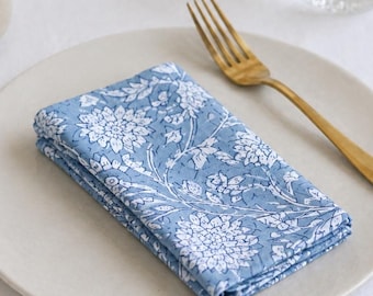 Juego de servilletas de algodón estampadas a mano con motivos florales azules, servilletas de mesa cuadradas plegables, mantelería elegante para la mesa, decoración de comedor sostenible /