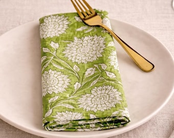 Juego de servilletas de tela con estampado floral verde, servilletas de algodón estampadas a mano, servilletas reutilizables para la cena, servilletas ecológicas, decoración de mesa estilo casa de campo.