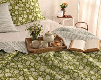 3-teiliges Bettwäsche-Set, handbedruckt, Baumwolle, gesteppt, Quilt, King-Size-Queen-Bettwäsche, Tröster-Set, King-Queen-Set, Boho-Quilt-Set
