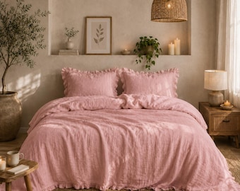 Blush Pink Linen Duvet Cover Set with Ruffle Edge, Soft Washed Linen Bedding Set, Romantic Cottagecore Bed Linen, Farmhouse Bedroom Decor |