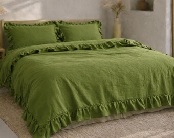 Olive Green Linen Ruffle Duvet Cover Set, Soft Washed Linen Bedding with Frill Edges, Boho Farmhouse Comforter Cover, Natural Rustic Bedding