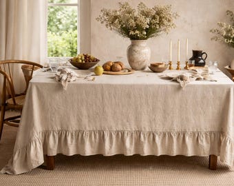 Mantel de lino con volantes, mantel rústico de granja, cubierta de mesa de comedor de lino natural, mantel de boda, decoración de mesa estilo cottagecore /