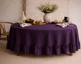 Runde Tischdecke aus dunkelviolettem Leinen – Elegante, rustikale Tischdekoration mit Rüschenrand |