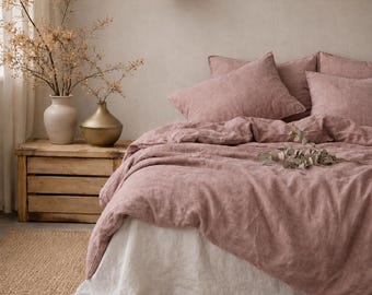 Dusty Rose Linen Duvet Cover Set, Washed Linen Bedding, Pink Duvet Cover, Natural Linen Bedding, Boho Farmhouse Bedroom Decor, Soft Bedding|