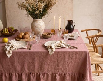 Toalha de mesa com babados em linho rosa e cinza – Capa para mesa de jantar rústica estilo fazenda, toalha retangular em linho lavado, roupa de mesa para cozinha estilo cottagecore