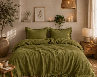 Olive Green Linen Ruffle Duvet Cover, Washed Linen Bedding, Rustic Farmhouse Comforter Cover, Boho Bedroom Decor, Soft Natural Linen Duvet |