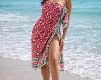 Pareo de algodón rosa con estampado floral para la playa / Falda pareo con estampado a mano / Ropa de verano para mujer, pareo de algodón para cubrir el traje de baño