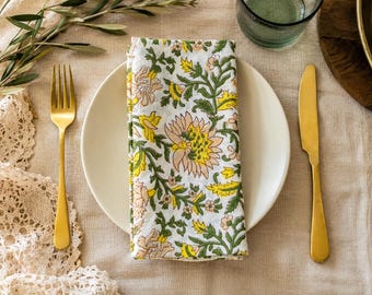 Handbedruckte Serviette mit Blumenmuster, Baumwoll-Serviette, Tischdekoration aus Baumwolle mit botanischem Muster, gelb-grüne Serviette mit Blumenmuster, Tischdekoration im Landhausstil |