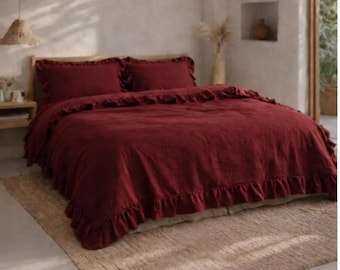 Burgundy Linen Ruffle Duvet Cover Set, Rustic Farmhouse Bedding, Washed Linen Comforter Cover with Ruffled Edges, Boho Bedroom Decor |