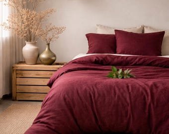 3Piece Linen Bedding Set Burgundy  Duvet and Stonewashed Quilt Cover King Size Queen Bedding Size Comforter Cover King Queen Duvet Cover Set