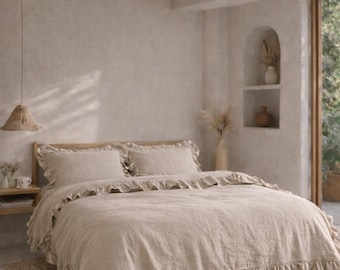 Natural Ruffled Linen Duvet Cover Set Ruffles Comforter Cover Donna Duvet Set pillow Quilt Cover,King Queen Bedding Set Linen Bed Cover