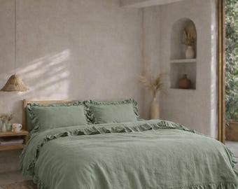 Sage Green Ruffled Linen Duvet Cover Set Ruffles Comforter Cover Donna Duvet Set pillow Quilt Cover,King Queen Bedding Set Linen Bed Cover