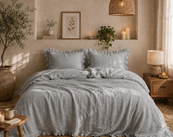 Light Grey Linen Duvet Cover with Ruffle, Washed Linen Bedding Set, Farmhouse Bedding, Queen King Twin Full Size, Minimalist Bedroom Decor |