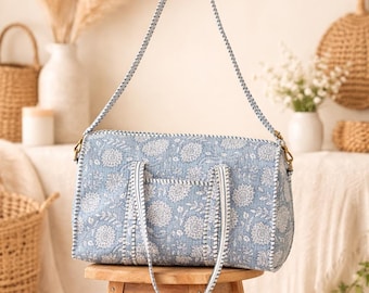 Handmade Blue Floral Cotton Quilted Duffle Bag,Block Print Travel Bag Adjustable Handle Weekend Gym Yoga Bag for Women Boho Print Duffle Bag