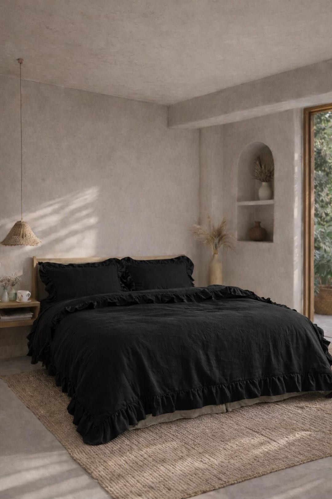 Full Black Linen Ruffled Duvet Cover Set Ruffles Comforter Cover Donna ...